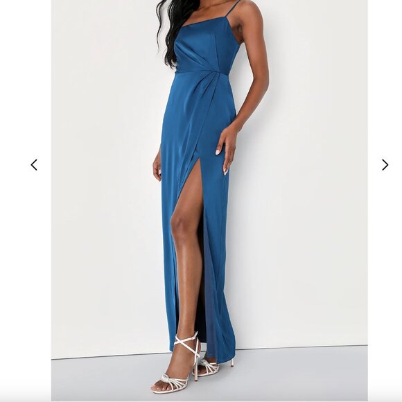 Lulus Destiny Awaits Navy Blue Satin Faux-wrap Maxi Dress - Size XS - Picture 3 of 4